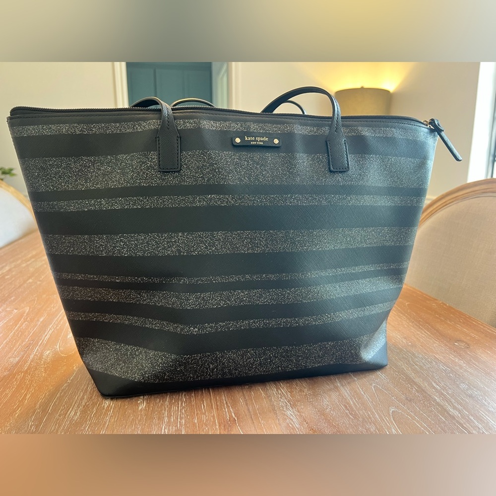Kate Spade Black and Silver Striped Tote and matching zip wallet